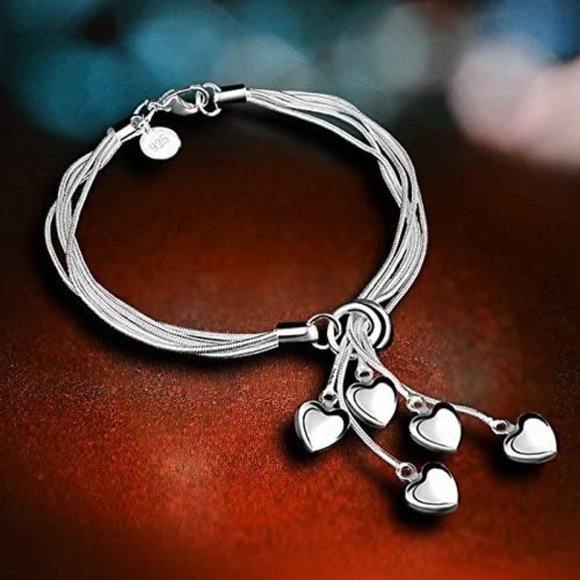 925 Sterling Silver Five-Line Chain with Five-Heart Bracelet Bangle - Picture 1 of 4